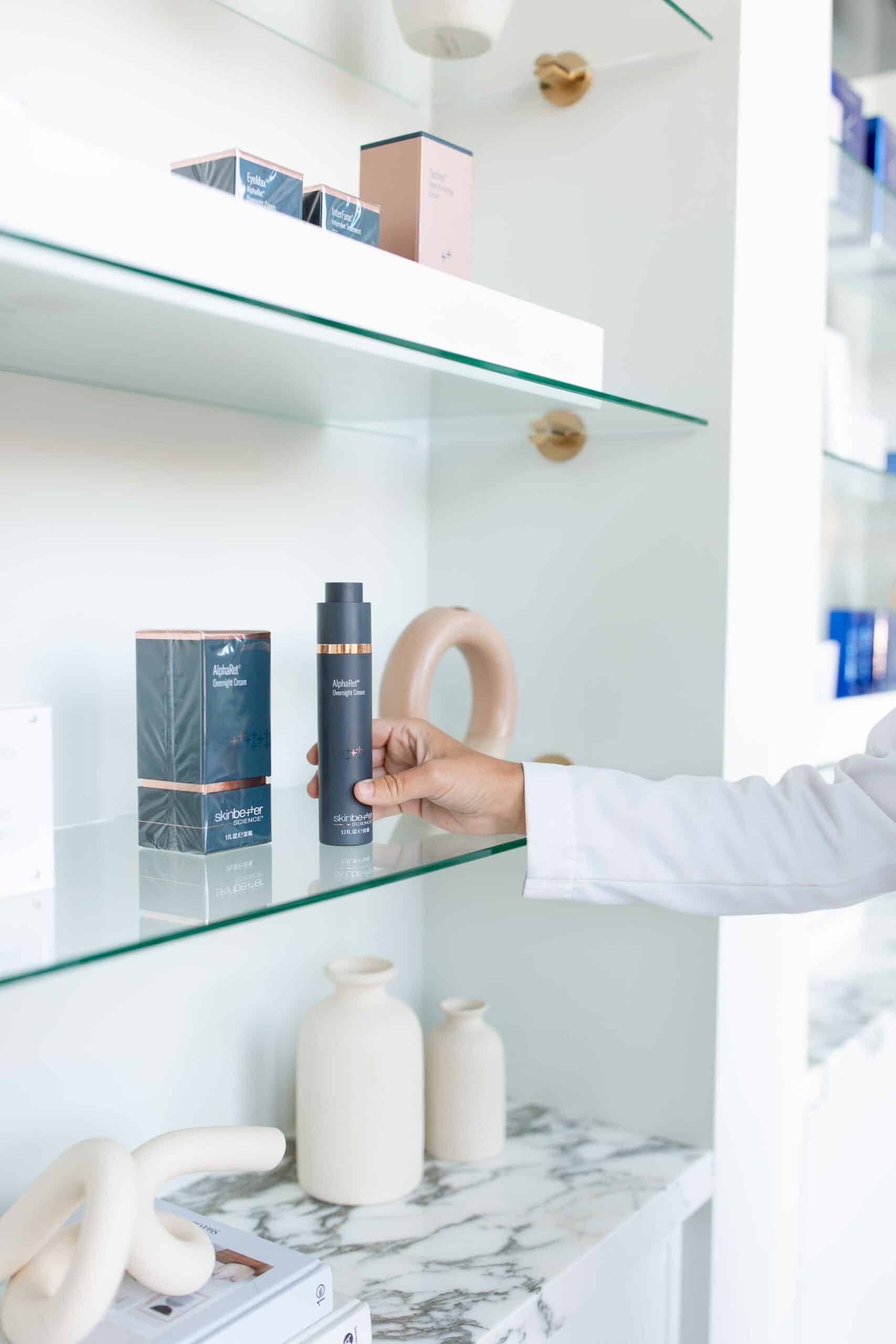 Skincare products on the shelfs | Skin Better Skincare Products | San Carlos IV Bar in San Carlos CA